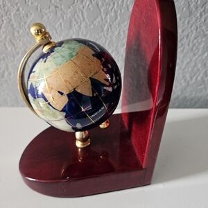VTG Gemstone World Globe Bookend Brass Meridian Cherrywood Lacquered Base